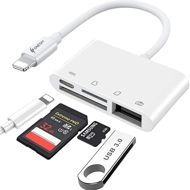 SNESH 4 in 1 SD Card Micro sd Card Reader Compatible for I Phone Include one SD Card Reader Port Plus one TF (Micro-SD Card) Card Reader Port Plus USB 3.0 Port and Female OTG Adapter Charging Port.