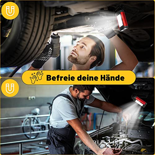 Daphomeu LED Werkstattlampe Taschenlampe, Arbeitsleuchte LED Akku 360° Drehbare Standfuß und 270°Ausklappbaren Hakens mit Magnet COB Inspektionslampe für Auto Werkstatt Camping Notfallgebrauch