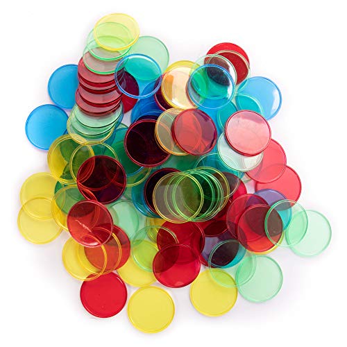 100 Jumbo Bingo Chips - 1.25” Clear Multicolored Plastic Tokens In Bulk - Colorful Translucent Counter Markers For Game Cards - Gaming Supplies, Accessories, & Manipulatives Resource #TOP1