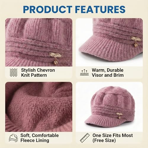 Image of Kraptick Women's Winter Knit Visor Beanie Hat with Soft Fleece Lining, Stylish Woollen Slouchy Warm Cap for Ladies, Snow Sun Shield Knit Cap for Winter -2