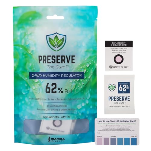 Image of Preserve The Cure 4g Humidity Control Packs for Storage Containers, 62% RH | 10pc, up to 14g / 0.5oz, 2-way moisture control, freshness indicator, protects texture, reduces drying, sealed pouch