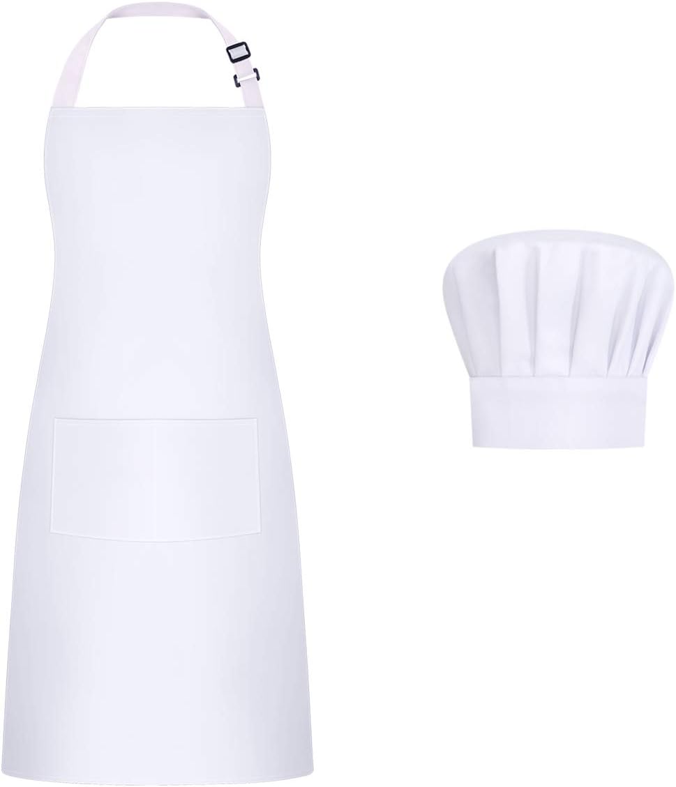 Syntus Apron Chef Hat Set, Adjustable bib Apron Baker Chef Hat Women Men, White