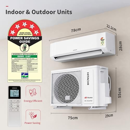 Image of Hitachi 1 Ton 5 Star, New Star rated, Inverter Split AC (Copper, Smart View Display, ice Clean, 4 Way Swing, Anti-Bacterial Filter,RAS.V512PCDIBT, White)