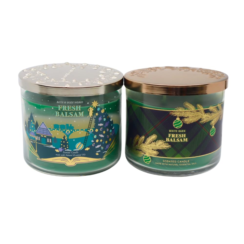 Bath & Body Works Fresh Balsam 3-Wick Candle Christmas 2023 2-pc Bundle – Limited Edition (Winter Village & Tree Branches Pattern), Green