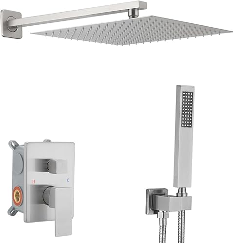 Sistema de ducha de níquel cepillado de 12 pulgadas, mezclador de lluvia de lujo, conjunto combinado de ducha montado en la pared y sistema de mano,