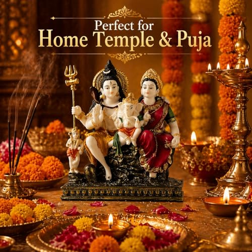 Image of ARMONIA Premium 9 Inch Shiva Parvati Ganesh Idol Shiv Parivar Murti Statue Sculpture|Polystone Mahadev with Golden Detailing|Ideal for Pooja,Mandir,Wedding & Housewarming Gift(Including Cloth)