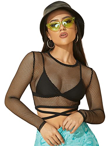 SheIn Damen Fischnetz Mesh Crop Top Durchsichtiges Oberteil Langarm Tops...
