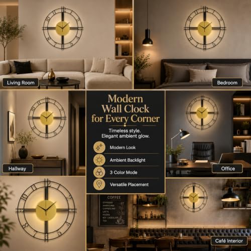 Image of Smartway Melinck 6W LED Wall Lamp with Clock | Modern Decorative Wall Light with Analog Clock | 3 Light Modes | Black & Gold Designer Wall Mount Clock for Bedroom, Living Room, Hall & Bedside