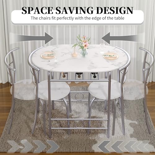 Image of VECELO 3-Piece Dining Table Set for Kitchen Breakfast Nook, Faux Marbled Oval Tabletop and Metal Frame with Built-in Wine Rack, for Small Spaces, White & Silver
