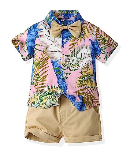 Image of Toddler Baby Boy Summer Clothes Set Floral Shirt Bow-tie Shorts Hawaiian Outfit