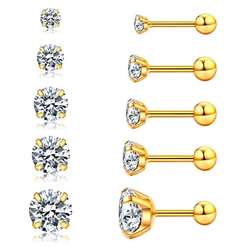 5 Pairs Hypoallergenic Cubic Zirconia Earrings Surgical Steel Flat Back Studs for Cartilage, Screw Back Fashion Jewelry 3-8mm