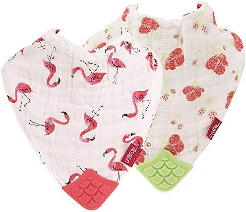 Nuby Reversible 100% Natural Cotton Muslin Teething Bib, Flamingo, Flowers, Pink, Green, 2 Count