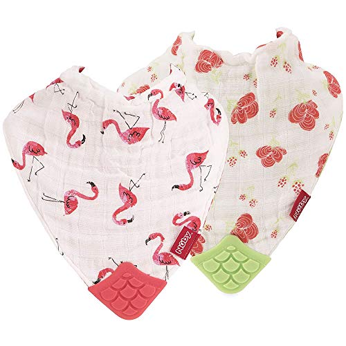 Nuby Reversible 100% Natural Cotton Muslin Teething Bib, Flamingo, Flowers, Pink, Green, 2 Count