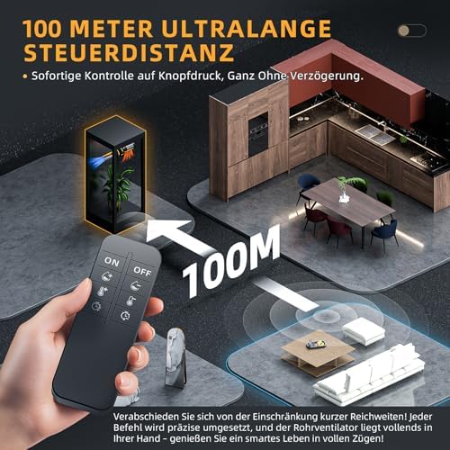 100mm Rohrventilator mit Fernbedienung, Timer Temperatur - und Feuchtigkeitsregler, Leise Rohrlüfter Reinem Doppelkugellagermotor, 367m³/h für Zelt, Gewächshaus, Lasergravierer, 3D-Drucker