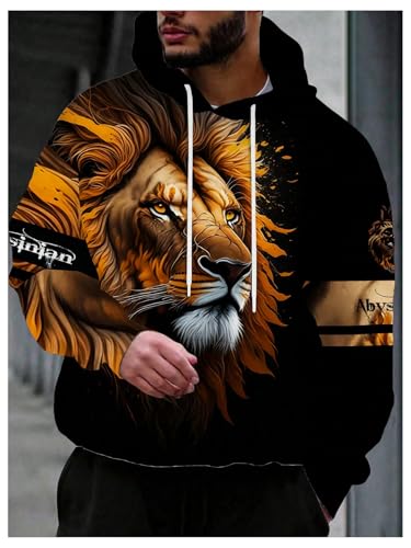 Men's 3D Lion Graphic Hoodie Long Sleeve Drawstring Oversized Pullover Sweatshirts3