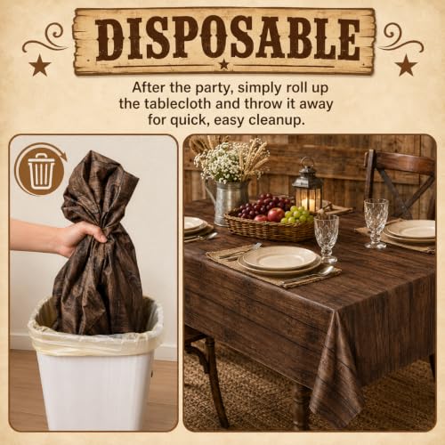 Image of LINHAXM 3 Pack Brown Wood Grain Tablecloths, Western Party Decorations, Vintage Farmhouse Tablecloth, Rustic Plastic Table Covers for Rodeo Western Barn Birthday Wedding Party Decor, 54 x 108 Inch