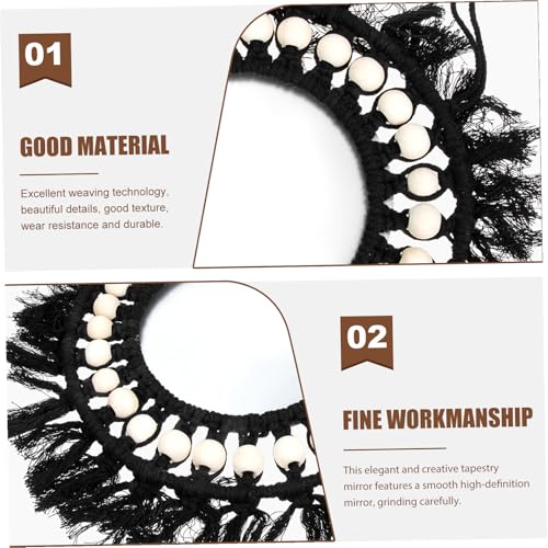 Miroir macramé noir tissé main avec perles pour déco bohème