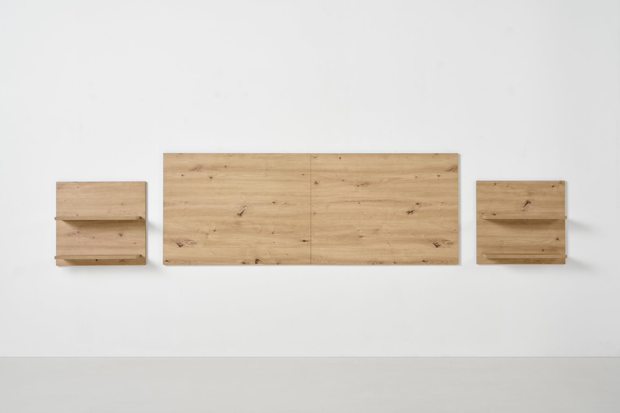 HOGAR24 ES Cabecero + 2 mesitas Colgantes con Baldas, Acabado Madera, Medidas 155 x 60 x 2 cm
