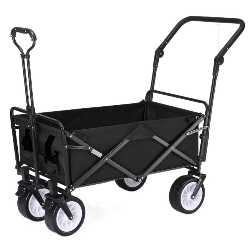 Przyczepka Ogrodowa Składany Wózek Ogrodowy Z 4 Kołami Heavy Duty Wagon Na Zakupy Zewnątrz Camping Pull Truck WóZek RęCzny(Black)