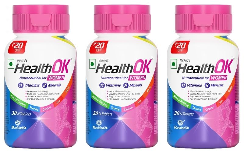 Image of Mankind HealthOK Women Multivitamin 30 Tablets - Strawberry Flavour, Pure Vegetarian, 19+ Essential Vitamins & Minerals with Biotin & Ginseng | Hair Skin Nails, Energy & Bone Health Support x Pack of 3