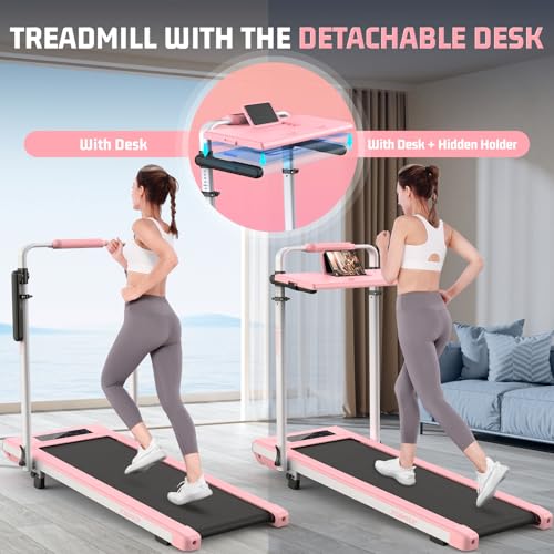 Image of 5-in-1 Desk Treadmill & Walking Pad, Foldable Walking Pad Treadmill with Incline & Handrail bar, 300lbs Capacity, 0.6-7.5MPH, 3 Control Methods, Space-Saving Folding Treadmills for Home Office