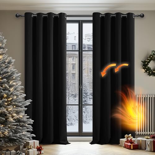 Image of Deconovo Blackout Curtains Eyelet, Energy Saving Thermal Insulated Window Panels, Noise Reduction Bedroom Curtains for Living Room, 55 x 118 Inch, Black, 2 Panels