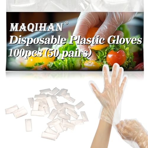 Einweghandschuhe aus Kunststoff, lebensmittelecht, für die Lebensmittelzubereitung, transparent, für Küche, Restaurant, Haarfärbemittel, einzeln verpackt, 50 Paar