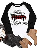 Merry Christmas Baseball T Shirts Women Christmas Long Sleeve Raglan Shirt Christmas Plaid Truck Tree Graphic Splicing Top (Large, Black)