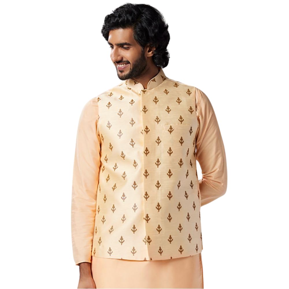 kisah Men's Nehru Jacket, Nude Silk Blend, Embellished Regular Fit Sleeveless Mandarin Collar (XL)-picture-28