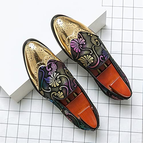 Dress Formal Shoes for Men Slip On Gold Brogue Embossed Wing tip Floral Patchwork Slip Resistant Anti-Slip Non Slip Block Heel Rubber Sole Working2
