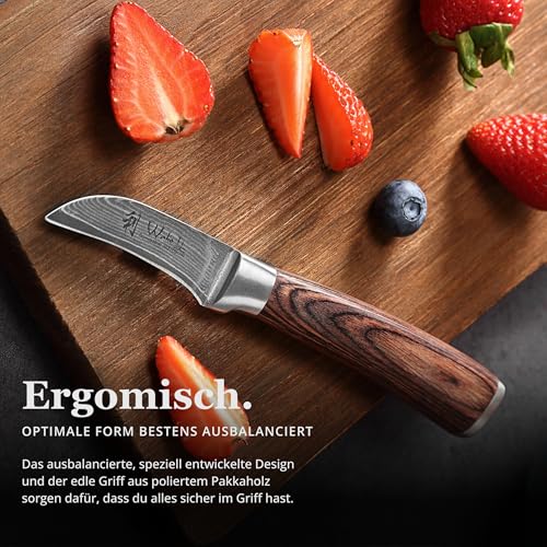 Foto von Wakoli EDIB Schälmesser aus echtem Damaststahl (VG10 Kern) mit 6 cm gebogener Klinge – Scharf & handlich – Damastmesser mit Pakkaholzgriff in Geschenkbox – Tourniermesser für Obst & Gemüse