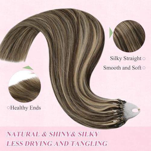 Image of YoungSee Micro Bead Hair Extensions Real Human Hair Highlight Microlink Hair Extensions Dark Brown and Blonde Highlight Micro Loop Hair Extension Human Hair 20In 57g 50s
