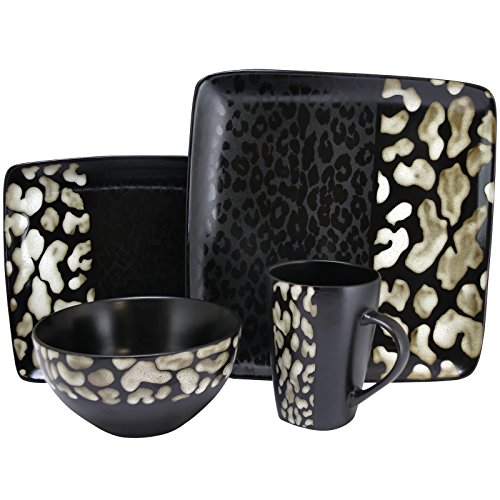 Elama Square Stoneware Dinnerware Set, 16-Piece, Matte Black Cheetah Design