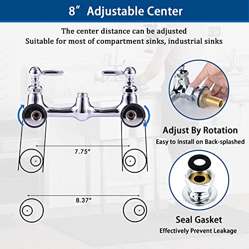 Agahpay Commercial Kitchen Sink Faucet With Pre Rinse Sprayer, 8 Inch Center Wall Mount Faucet With 12” Swing Spout 36” Height Compartment Sink Faucet For Restaurant Industrial, Chrome Polished #TOP3