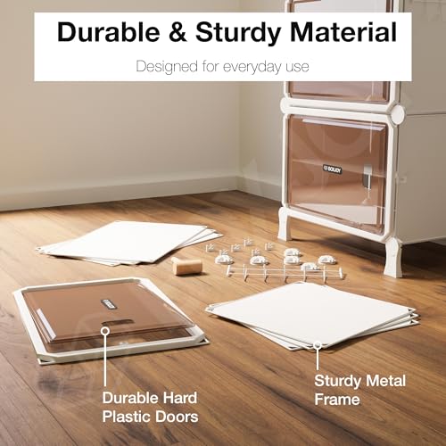Image of BOXJOY 6 Shelf White Shoe Rack for Home with 3 Brown Doors, Hard PET Plastic with Metal Door Frame, Shoe Chappal Slipper Sandals Stand