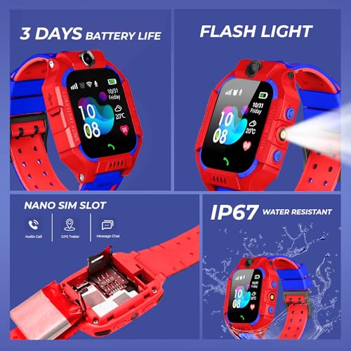 Image of GameSir Kids Smartwatch for Boys & Girls, Men & Women, Sim Card Support, Location Tracker /GPS System, Music Player, Camera, Video,Notification, Alarm, Waterproof, Calling Smart Watch-Red
