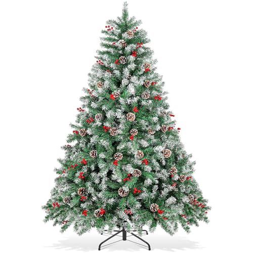 VUCATIN Christmas Tree 7ft Snow Flocked Artificial Christmas Trees with Pine Cones Berries Pre-Decorated 1050 Frosted Branch Tip Xmas Trees Metal Stand Easy Assembly for Christmas Decorations (7ft)