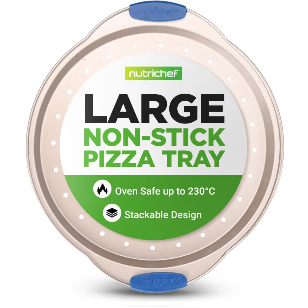 Nutrichef Non-Stick Pizza Tray for Oven, 33cm Round Carbon Steel Baking Trays with Perforated Holes, Silicone Handles, Dishwasher Safe, Pizza Stone Alternative, Gold