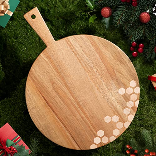 Dofira Tabla de Cortar Redonda con Asa, Tabla de Servir de Madera de Acacia y Arce 40,8x30,5x1,9cm, Serie Hex Stars con diseño de Nido de Abeja para Charcutería Queso Pizza Cover
