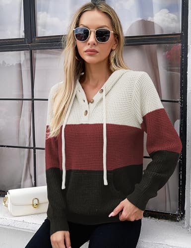 Image of VIMPUNEC Womens Fall Hoodie Sweater Long Sleeve Hooded Top with Pocket | V Neck, Button, Adjustable Drawstring, Waffle Knit, Loose Fit, Ribbed, Kangaroo Pocket