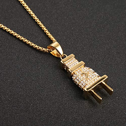 AsAlways Plug Necklace for Men Rapper Stainless Steel 18K Gold Plated Cubic Zirconia Hip Hop Pendant Necklace Jewelry Gift3