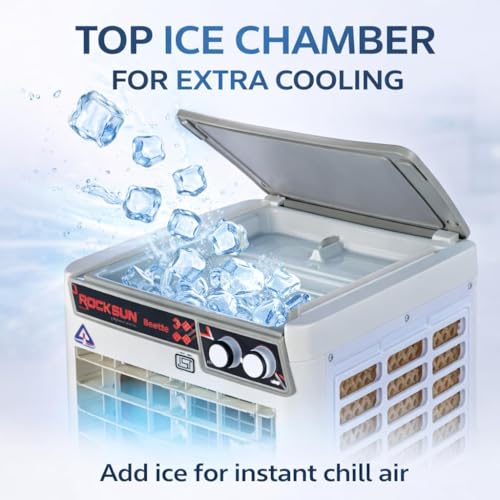 Image of ROCKSUN Beetle Desert Air Cooler for Room | 40L (30 Tank+10 Ice Chamber) | 12-Inch Powerful Fan | 3-Side Honeycomb Pads | Ice Chamber | Inverter Compatible | Swing Function | Portable