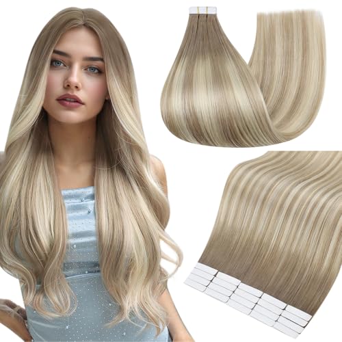 Image of Full Shine Human Hair Extensions Tape in, Ash Brown Platinum Blonde 14 Inch | 50g 20PCS, Invisible Tape in Hair Extensions Human Hair, Straight Seamless Skin Weft Smooth Finish Daily Wear