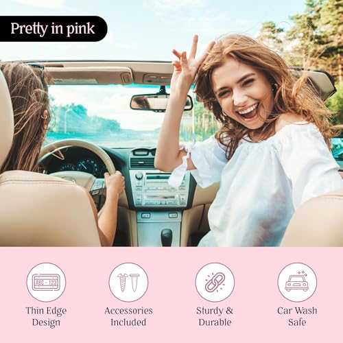 Image of Premium Princess Pink License Plate Frames - 2 Pack, Rust-Free Stainless Steel, Street Legal, Rattle-Free, Universal Slim Design with Screw Caps, Durable Car Tag Holders for Women, Cute & Girly Gift