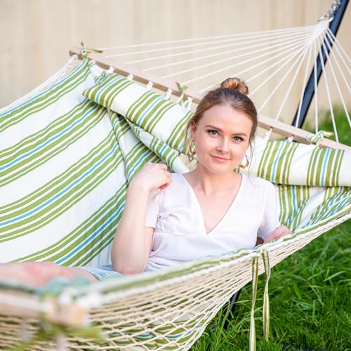 Image of SUNCREAT Portable 2 Person Hammock with Hardwood Spreader Bar, Cotton Rope Outdoor Hammock with Polyester Pad, Green&Beige