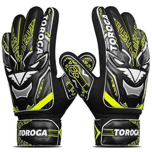 TOROGA Infinity Pro Junior Kinder Torwarthandschuhe – Fußballhandschuhe mit Grip-Latex, Fingerschutz & Doppeltem Handgelenkband – Für Jungen & Mädchen (Fluorescent Yellow, Größe 2)