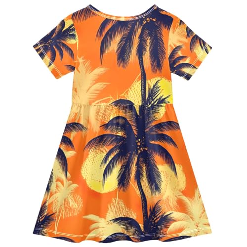 Palm Tree Orange Girls Short Sleeve Dress Quick Dry Toddler Summer Outfit 2T to 8 Years2