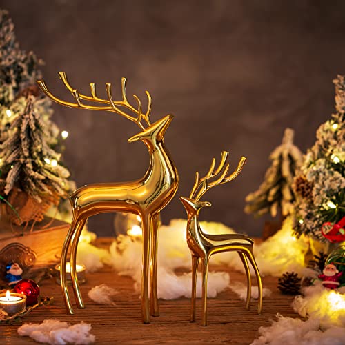 Sziqiqi Rentier Tier Figur Skulpturen Statuen Set von 2, Metall Hirsch Ornamente für Wohnkultur Akzente Wohnzimmer Schlafzimmer Büro Bookself Tischplatte Mantel Weihnachtsdekoration, Gold – Bild 3