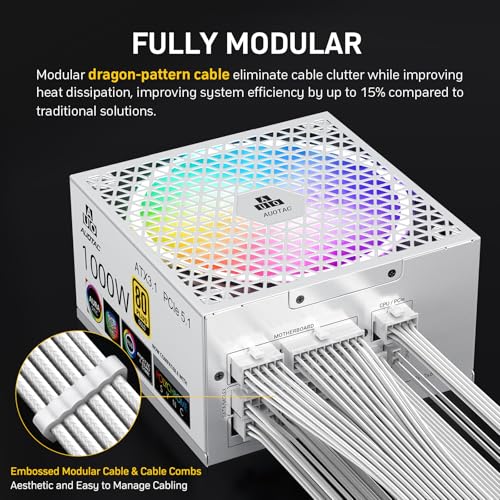 Image of 1000W Fully Modular Power Supply, 80+ Gold PSU, ATX 3.1 & PCIe 5.1 Ready, Native Dual-Color 12V-2x6 Cable, RGB Low-Noise Smart Fan, 105C-Rated Capacitors, White