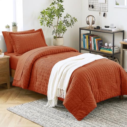 Image of CozyLux Twin XL Comforter Set Burnt Orange, 5 Pieces Seersucker Twin Extra Long Bed in a Bag, Soft College Dorm Down Alternative Bedding Sets with Comforter, Sheets, Pillowcase & Sham, Back to School